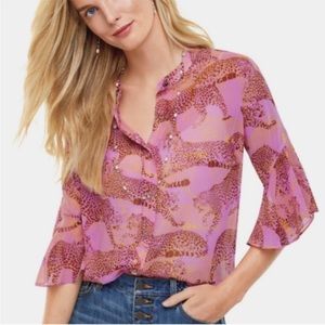 🧡💚💙💛 CAbi Minx Cheetah Ruffle Blouse Rose Pink Large